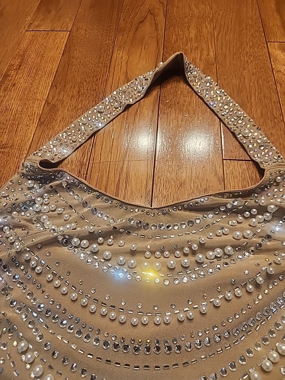 Beaded Halter Mini Dress Tan Champagne Size Large - Picture 3 of 4